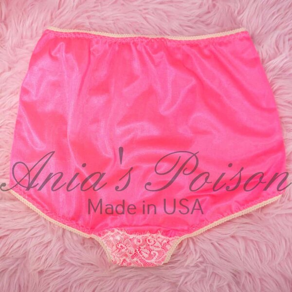 Ania's shiny Nylon panties & bra 2 Piece Set Women's cut Hot Pink White Eyelash Lace High Waist sz M - Image 5