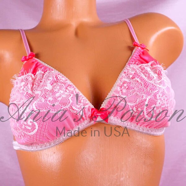 Ania's shiny Nylon panties & bra 2 Piece Set Women's cut Hot Pink White Eyelash Lace High Waist sz M - Image 2