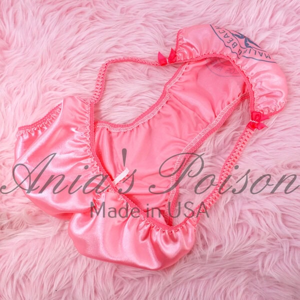 Ania's Sissy men's Satin panties Pink shiny wetlook scrunch butt Malibu Dolly Duchess Cut string bikini sz L/7 - Image 3