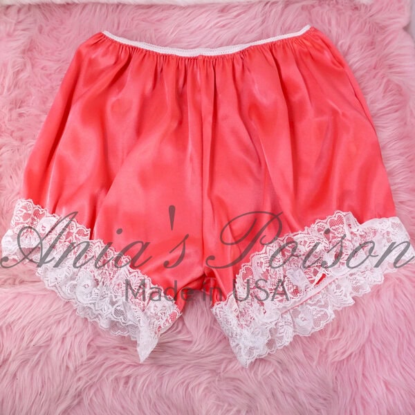 Ania's Sissy Candy Pink Satin full cut Bloomers White Lace tap pants super shiny wetlook panties sz L/XL