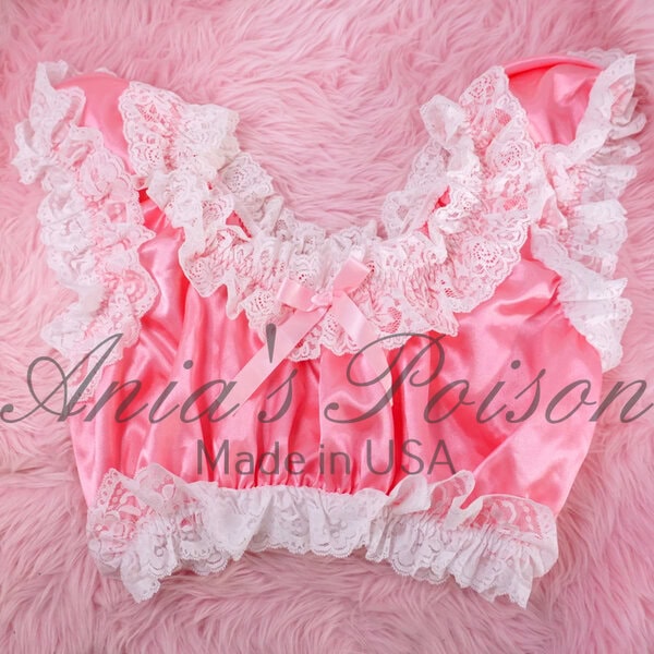 Ania's Sissy Pink Satin frilly Lacy Maid Crop top White Lace shiny wetlook unisex top - Image 3