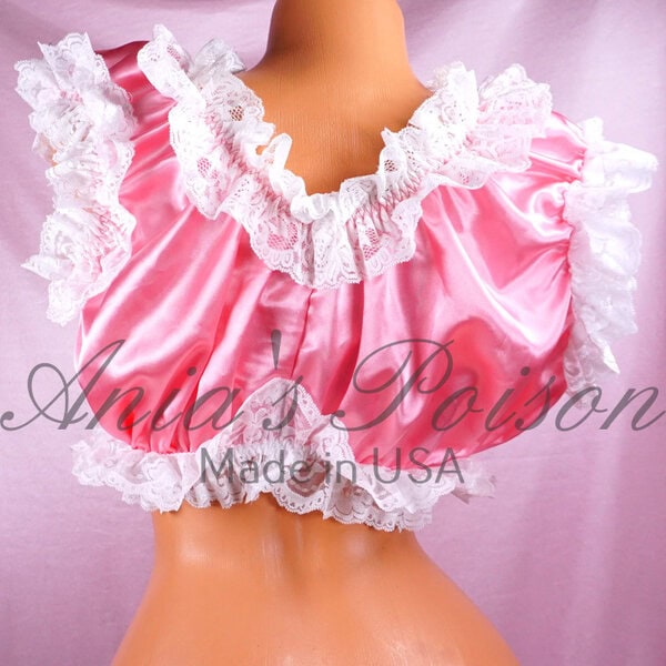 Ania's Sissy Pink Satin frilly Lacy Maid Crop top White Lace shiny wetlook unisex top - Image 2