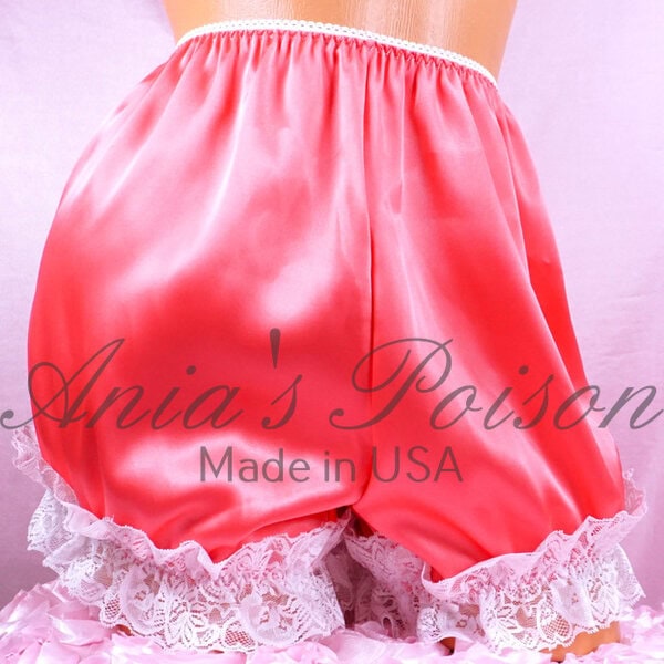 Ania's Sissy Candy Pink Satin full cut Bloomers White Lace tap pants super shiny wetlook panties sz L/XL - Image 3