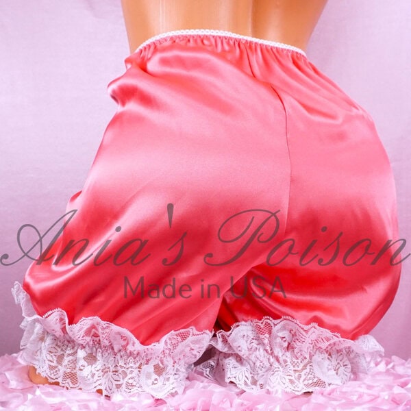 Ania's Sissy Candy Pink Satin full cut Bloomers White Lace tap pants super shiny wetlook panties sz L/XL - Image 2