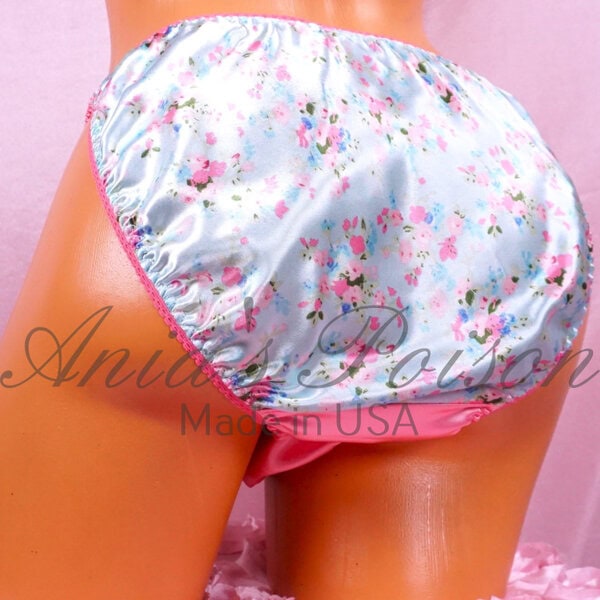 Ania's Sissy Satin Floral string Bikini Blue Pink Satin Gusset shiny wetlook men's Poison Cut panties sz L - Image 3