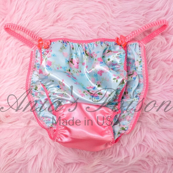 Ania's Sissy Satin Floral string Bikini Blue Pink Satin Gusset shiny wetlook men's Poison Cut panties sz L