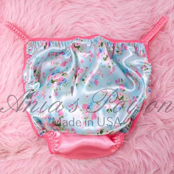 Ania's Sissy Satin Floral string Bikini Blue Pink Satin Gusset shiny wetlook men's Poison Cut panties sz L - Image 4