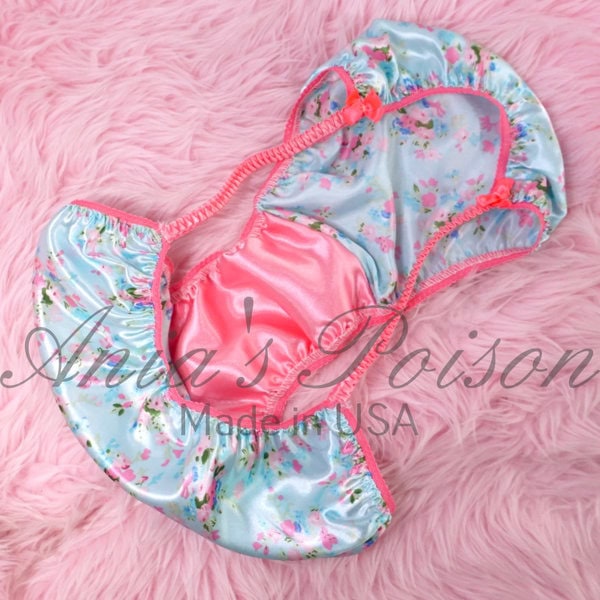 Ania's Sissy Satin Floral string Bikini Blue Pink Satin Gusset shiny wetlook men's Poison Cut panties sz L - Image 5
