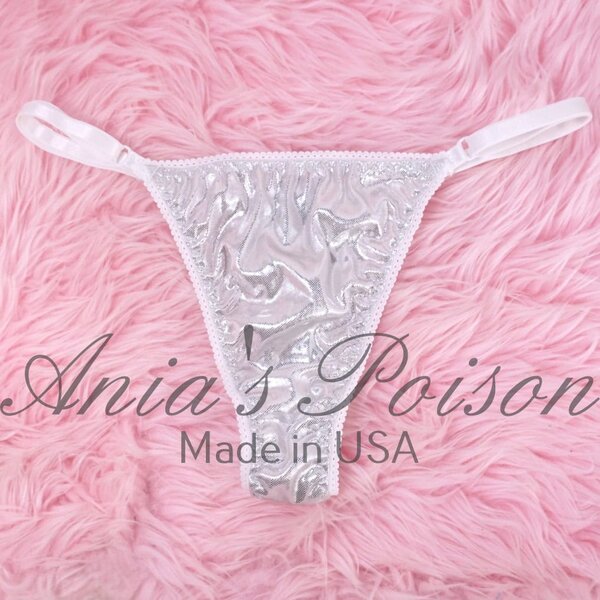Ania's Sissy Ladies triangle Thong Silver Metallic Foil Sparkle shiny adjustable sides women's panties sz Reg - Image 3