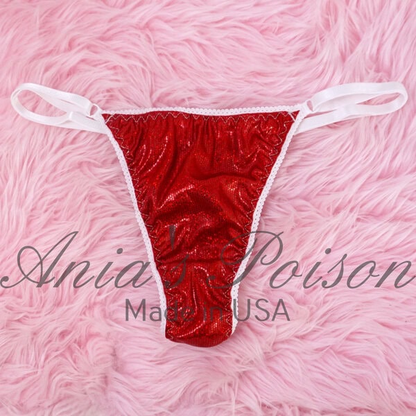 Ania's Sissy Ladies triangle Thong Red Metallic Foil Sparkle shiny adjustable sides women's panties sz Reg - Image 3