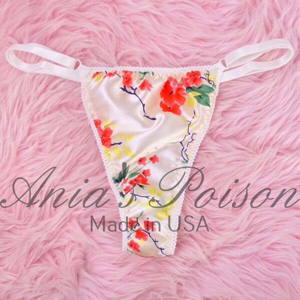 Ania's Sissy Ladies triangle Thong Ivory Floral Satin shiny adjustable sides women's panties sz Reg - Image 3