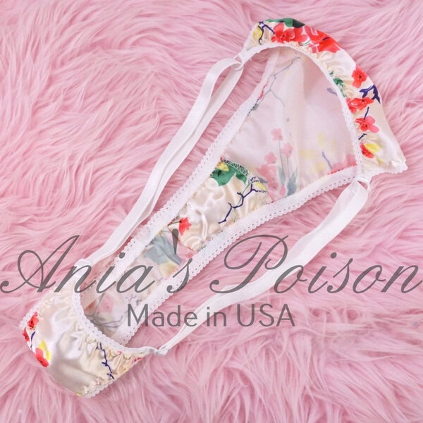 Ania's Sissy Ladies triangle Thong Ivory Floral Satin shiny adjustable sides women's panties sz Reg - Image 4
