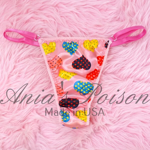 Ania's Sissy Ladies triangle Thong Pink Polka Dot Hearts Satin shiny adjustable sides women's panties sz Reg - Image 3