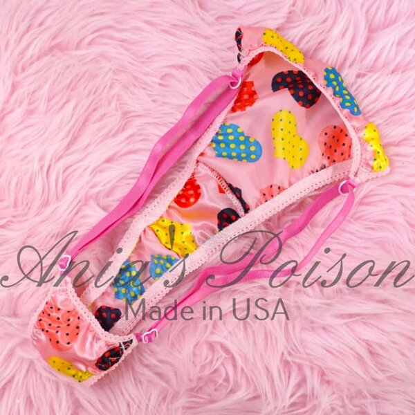 Ania's Sissy Ladies triangle Thong Pink Polka Dot Hearts Satin shiny adjustable sides women's panties sz Reg - Image 4