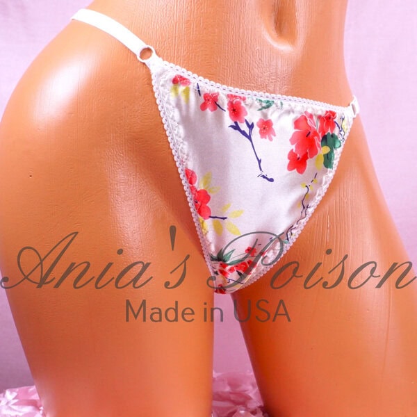 Ania's Sissy Ladies triangle Thong Ivory Floral Satin shiny adjustable sides women's panties sz Reg