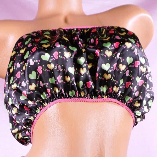 Ania's Sissy SATIN One Size Bandeau Bra Black Neon Heart Print
