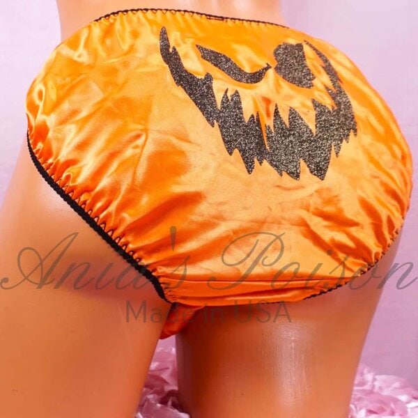 Ania's Sissy Satin string bikini Orange with Jack-o-lantern face Gold Glitter shiny wetlook men's panties sz XXL - Image 2