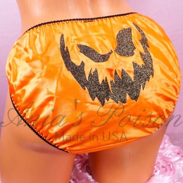 Ania's Sissy Satin string bikini Orange with Jack-o-lantern face Gold Glitter shiny wetlook men's panties sz XXL