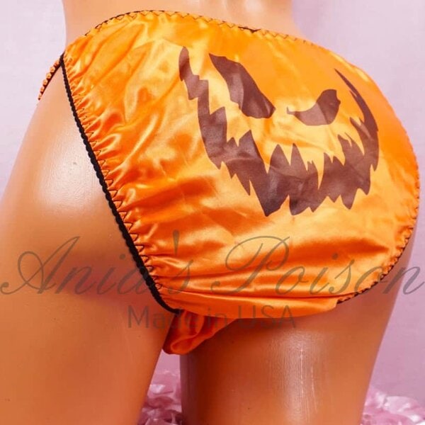 Ania's Sissy Satin Orange string Bikini jack-o-lantern print shiny wetlook men's Poison Cut panties sz S - Image 2