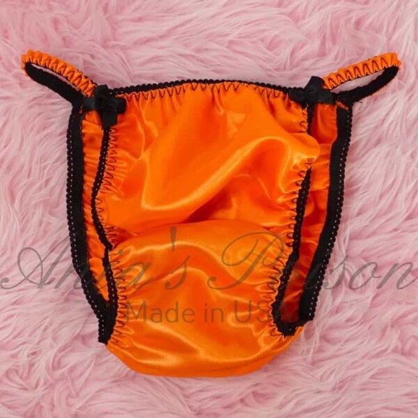 Ania's Sissy Satin Orange string Bikini jack-o-lantern print shiny wetlook men's Poison Cut panties sz S - Image 4