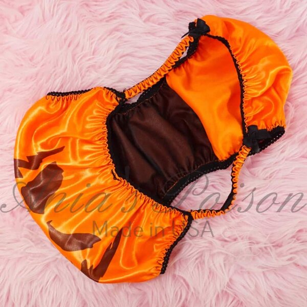 Ania's Sissy Satin Orange string Bikini jack-o-lantern print shiny wetlook men's Poison Cut panties sz S - Image 5