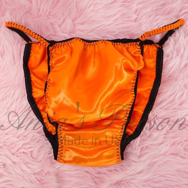 Ania's Sissy Satin string bikini Orange with Jack-o-lantern face Gold Glitter shiny wetlook men's panties sz XXL - Image 5