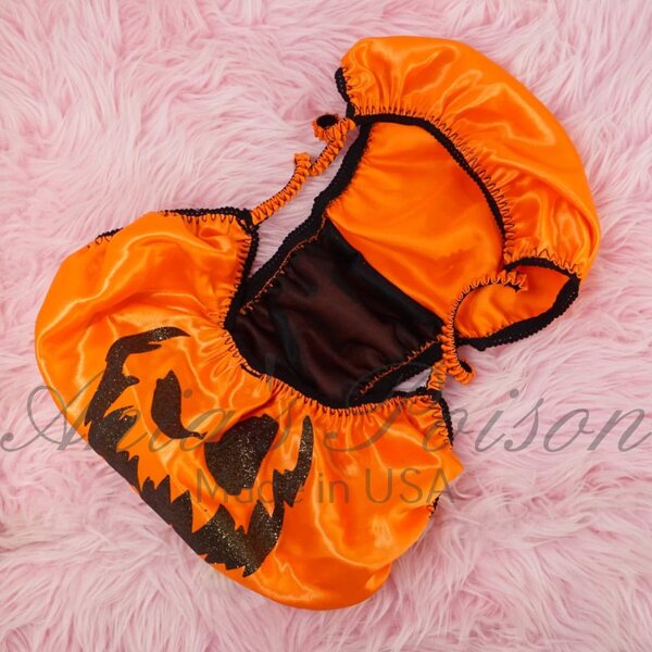 Ania's Sissy Satin string bikini Orange with Jack-o-lantern face Gold Glitter shiny wetlook men's panties sz XXL - Image 4