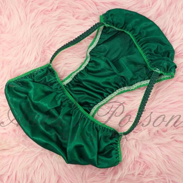 Ania's Sissy Nylon string Bikini Green shiny men's Poison Cut panties sz L - Image 4