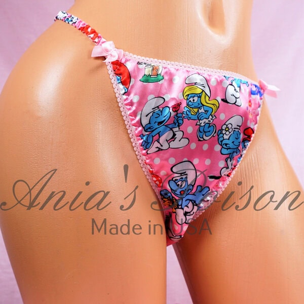 Ania's Sissy women's string Bikini Pink Polka Dot Smurfies Duchess Cut shiny panties sz 6 - Image 2