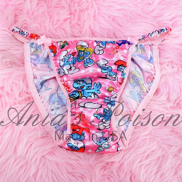Ania's Sissy women's string Bikini Pink Polka Dot Smurfies Duchess Cut shiny panties sz 6