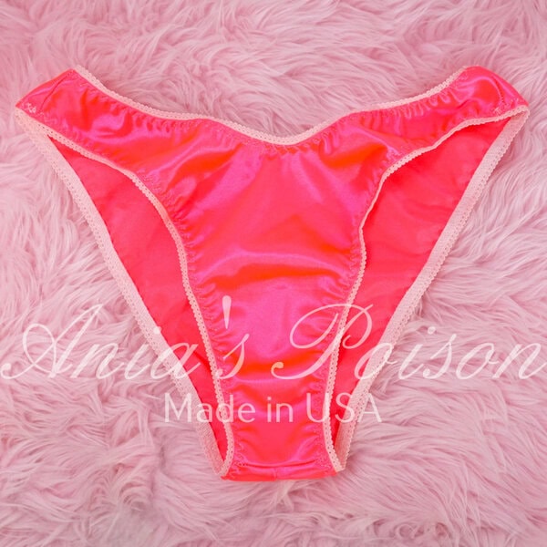 Ania's sissy 80s style Stretch Satin Spandex Panties Shiny Neon Pink HIGH LEG CUT cheeky bikini sz S/M - Image 4