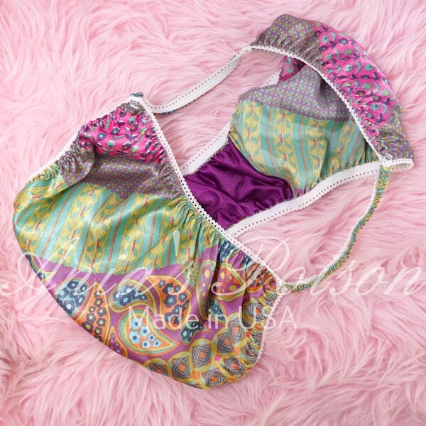 Ania's Sissy Satin string Bikini Floral Patchwork Hippie shiny men's Poison Cut panties sz L - Image 3