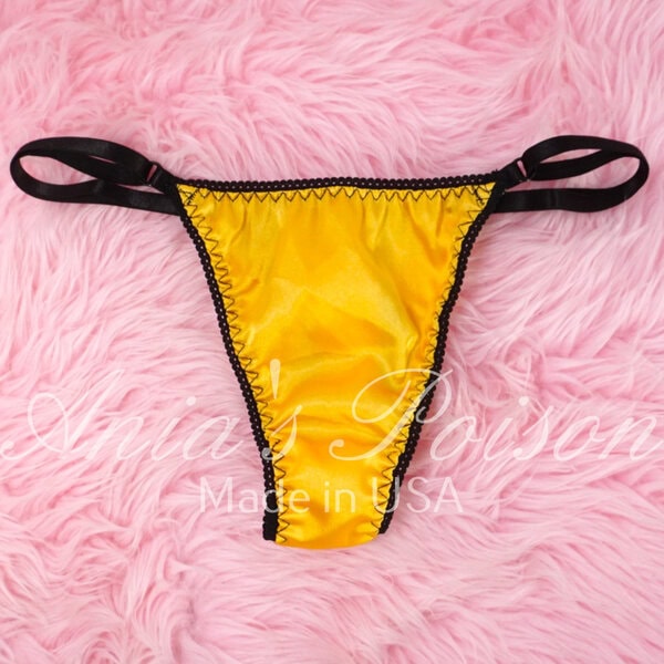 Ania's Sissy Ladies triangle Thong Yellow Satin shiny adjustable sides women's panties sz Reg - Image 3