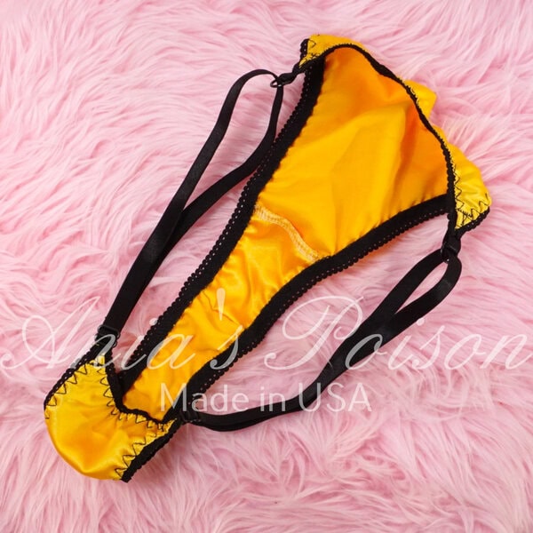 Ania's Sissy Ladies triangle Thong Yellow Satin shiny adjustable sides women's panties sz Reg - Image 4