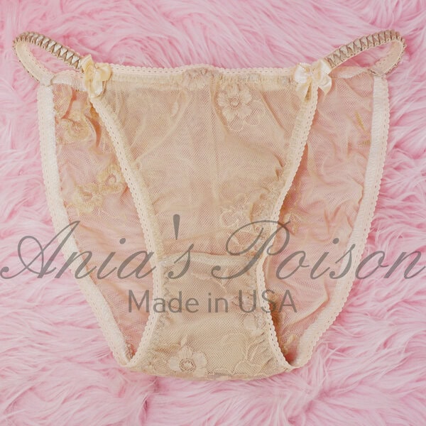 Ania's Sissy women's Nylon string Bikini Sheer Beige Lacy Duchess Cut panties sz 5 - Image 3