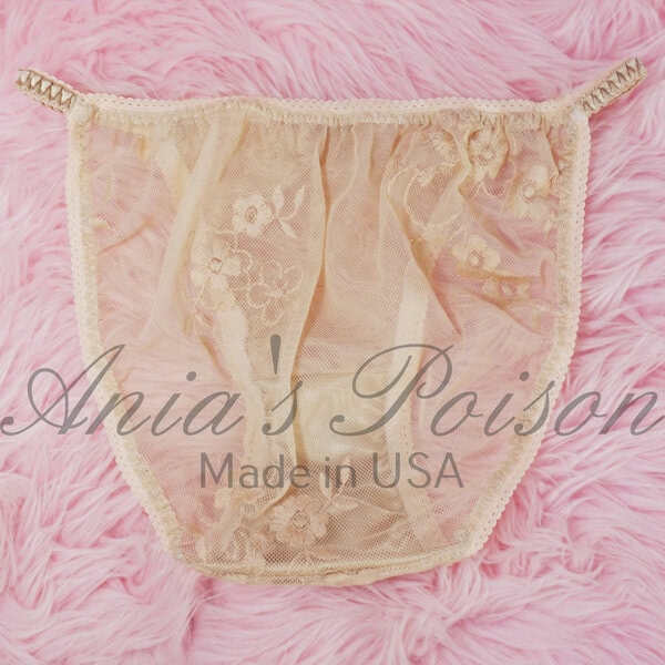 Ania's Sissy women's Nylon string Bikini Sheer Beige Lacy Duchess Cut panties sz 5 - Image 4