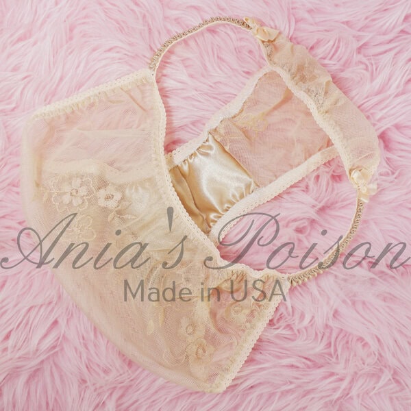 Ania's Sissy women's Nylon string Bikini Sheer Beige Lacy Duchess Cut panties sz 5 - Image 5