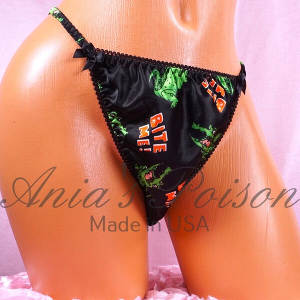 Ania's Sissy Black Satin Bite Me string bikini shiny wetlook men's panties sz S - Image 2