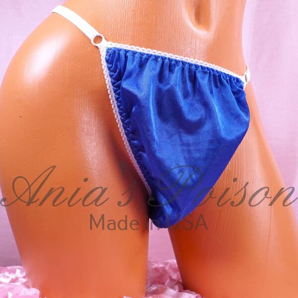 Ania's Sissy Nylon string bikini Royal Blue adjustable sides shiny soft men's panties OS