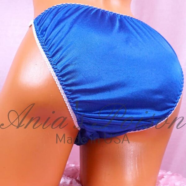 Ania's Sissy Nylon string bikini Royal Blue adjustable sides shiny soft men's panties OS - Image 2