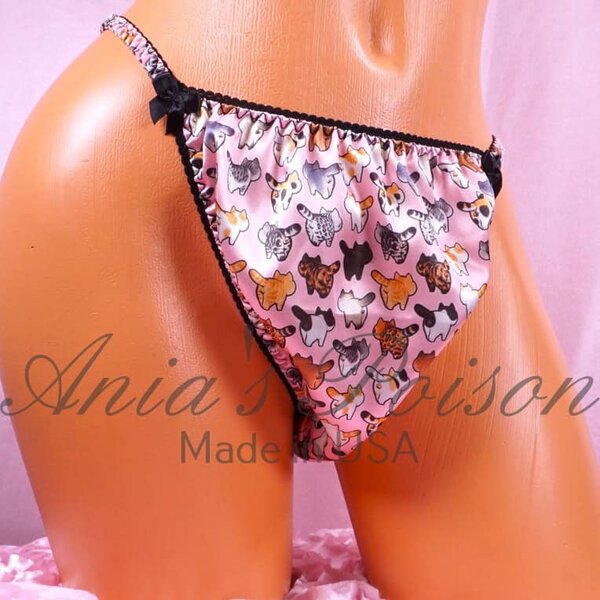 Ania's Sissy Satin string bikini Brazilian Cut Cat Butt Print shiny cheeky men's panties sz L - Image 2