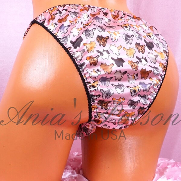Ania's Sissy Satin string bikini Brazilian Cut Cat Butt Print shiny cheeky men's panties sz L