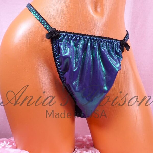 Ania's Sissy Metallic Foil string bikini Purple Green shiny wetlook men's panties sz S - Image 2