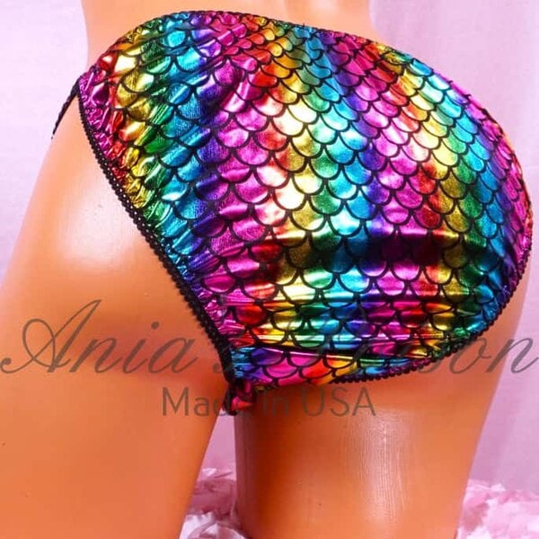 Ania's Sissy Rainbow Scales string bikini Metallic Foil shiny wetlook men's panties sz S - Image 2