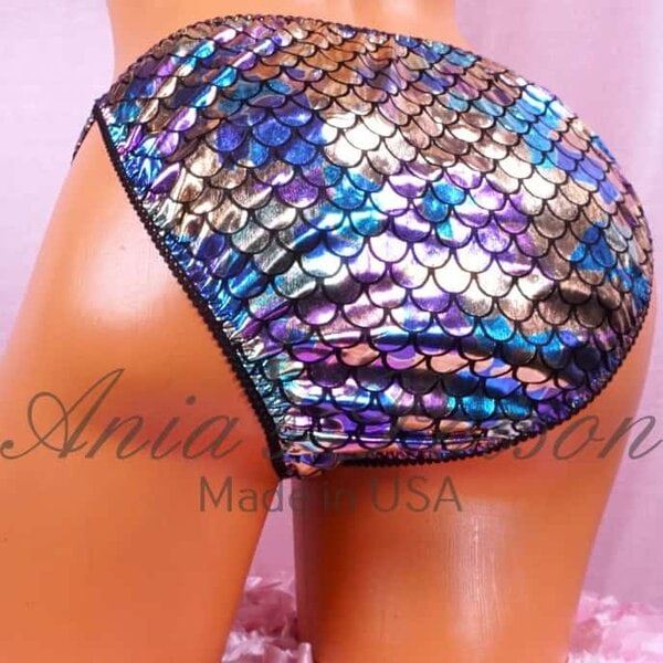 Ania's Sissy Metallic Scales string bikini Purple Gold Foil shiny wetlook men's panties sz S - Image 2