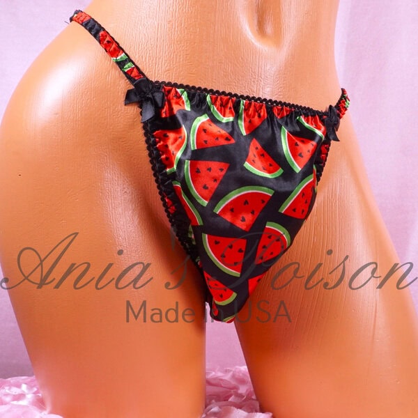 Ania's Sissy Black Satin string bikini Watermelon print shiny wetlook men's panties sz S - Image 2