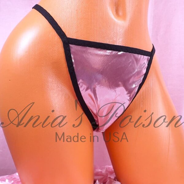 Ania's Shiny Pink Metallic Foil ladies G String Thong wetlook panties M/L