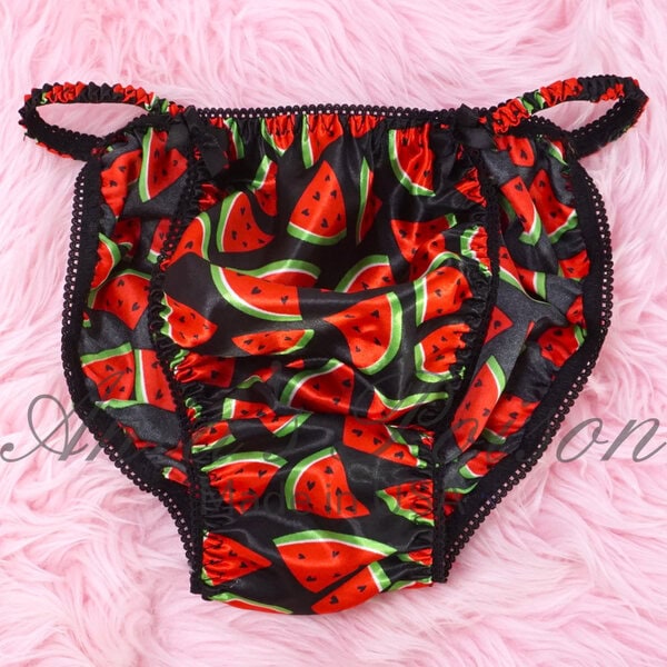 Ania's Sissy Black Satin string bikini Watermelon print shiny wetlook men's panties sz S - Image 3