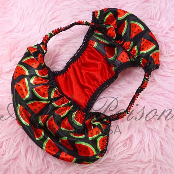 Ania's Sissy Black Satin string bikini Watermelon print shiny wetlook men's panties sz S - Image 4