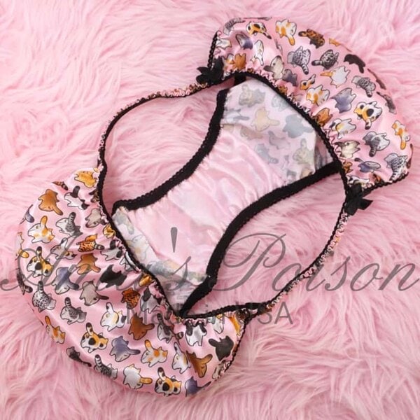 Ania's Sissy Satin string bikini Brazilian Cut Cat Butt Print shiny cheeky men's panties sz L - Image 3